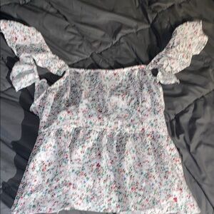 SHEIN Pink and Gray Ruffled Smocked Blouse